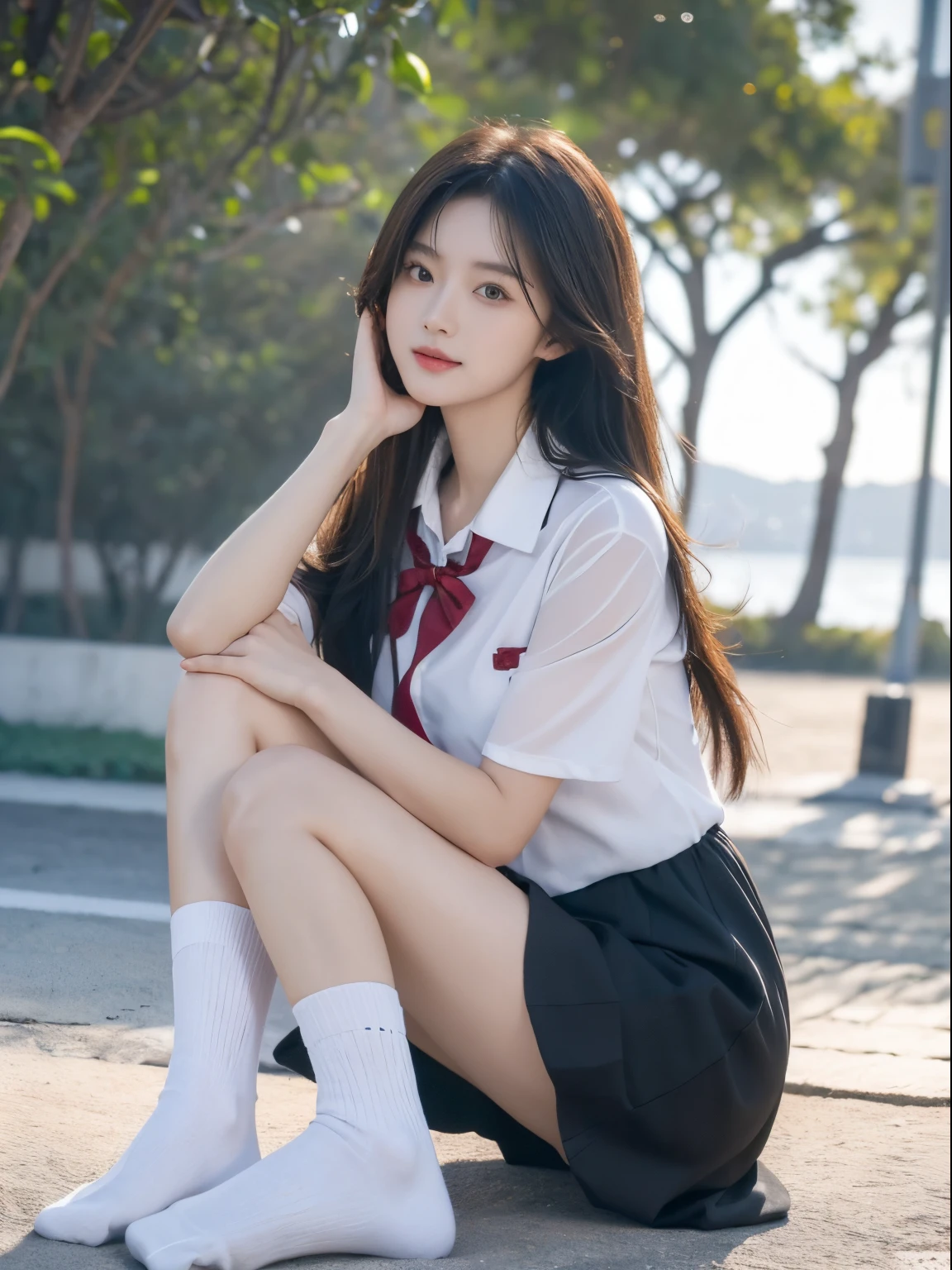 ((tmasterpiece)), ((Best quality at best)), ((A high resolution)), ((extremely detaild的 CG unified 8k wallpapers)), Alone, Tachibana playing, tan school uniform, Black dress, White socks, Outdoor sports, the face, cover hair, sea beach, parted hair, silber hair