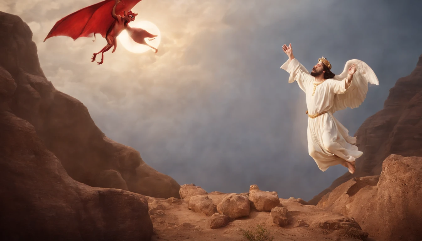 a pixa Disney cartoon of biblical times "Generate a realistic depiction the devil falling down from heaven in the air.