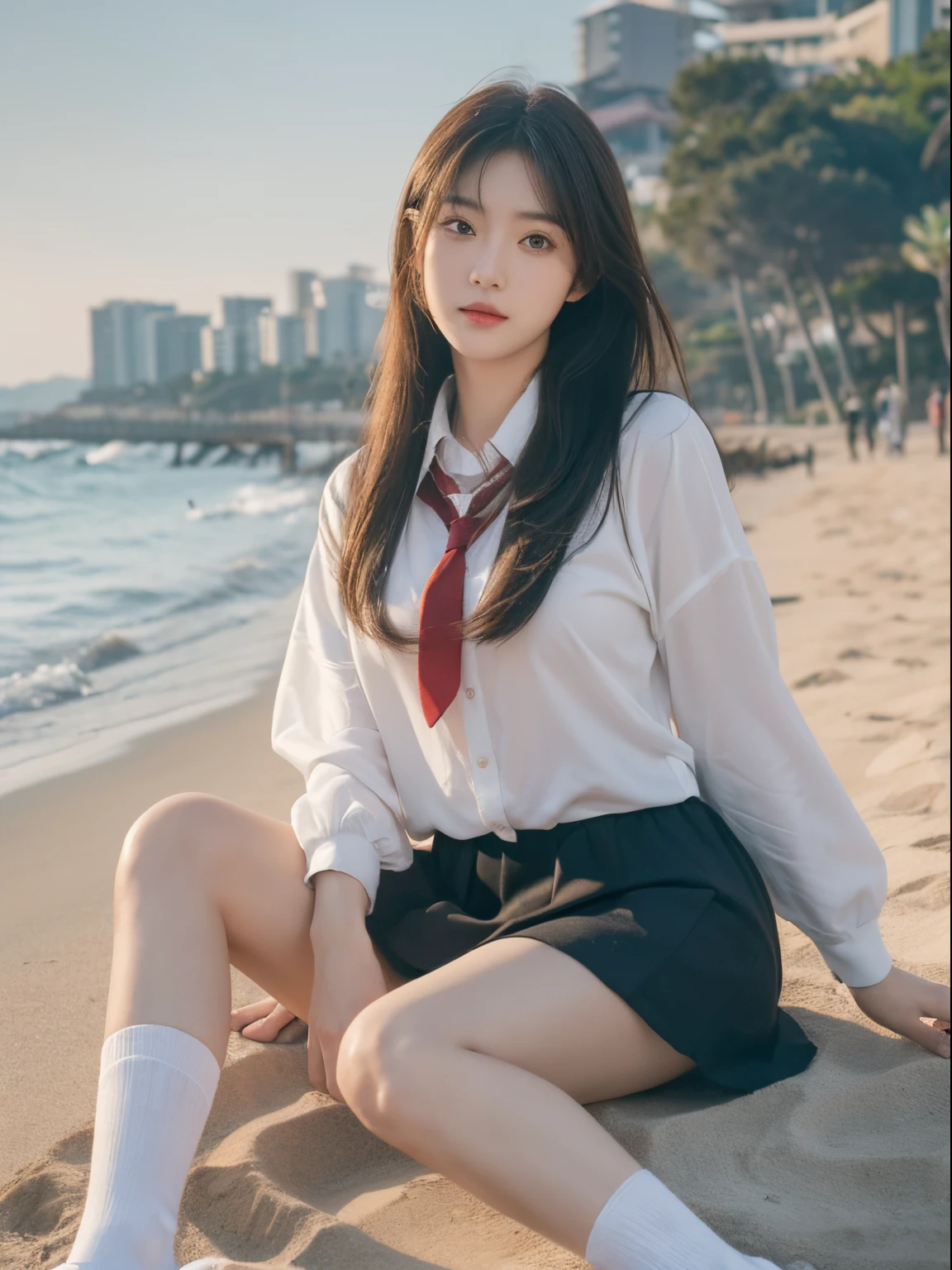 ((tmasterpiece)), ((Best quality at best)), ((A high resolution)), ((extremely detaild的 CG unified 8k wallpapers)), Alone, Tachibana playing, tan school uniform, Black dress, White  socks, Outdoor sports, the face, cover hair, sea beach, parted hair, silber hair