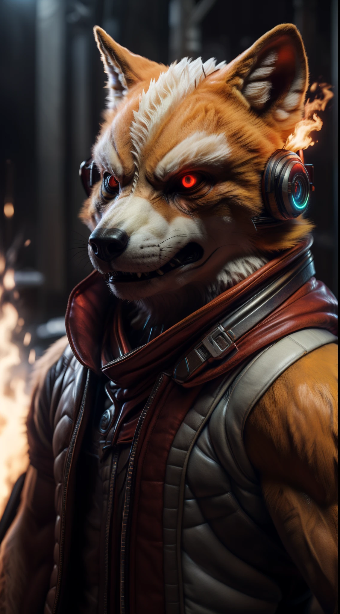 (best quality,16k,32k,highres,masterpiece:1.2),ultra-detailed,(realistic,photorealistic,photo-realistic:1.37),(The ultimate Orochi Fox Mccloud) glowing red eyes realistic fire background of totally destroyed Japan alone looking at the camera serious expression brave and confident wearing a red hood cape