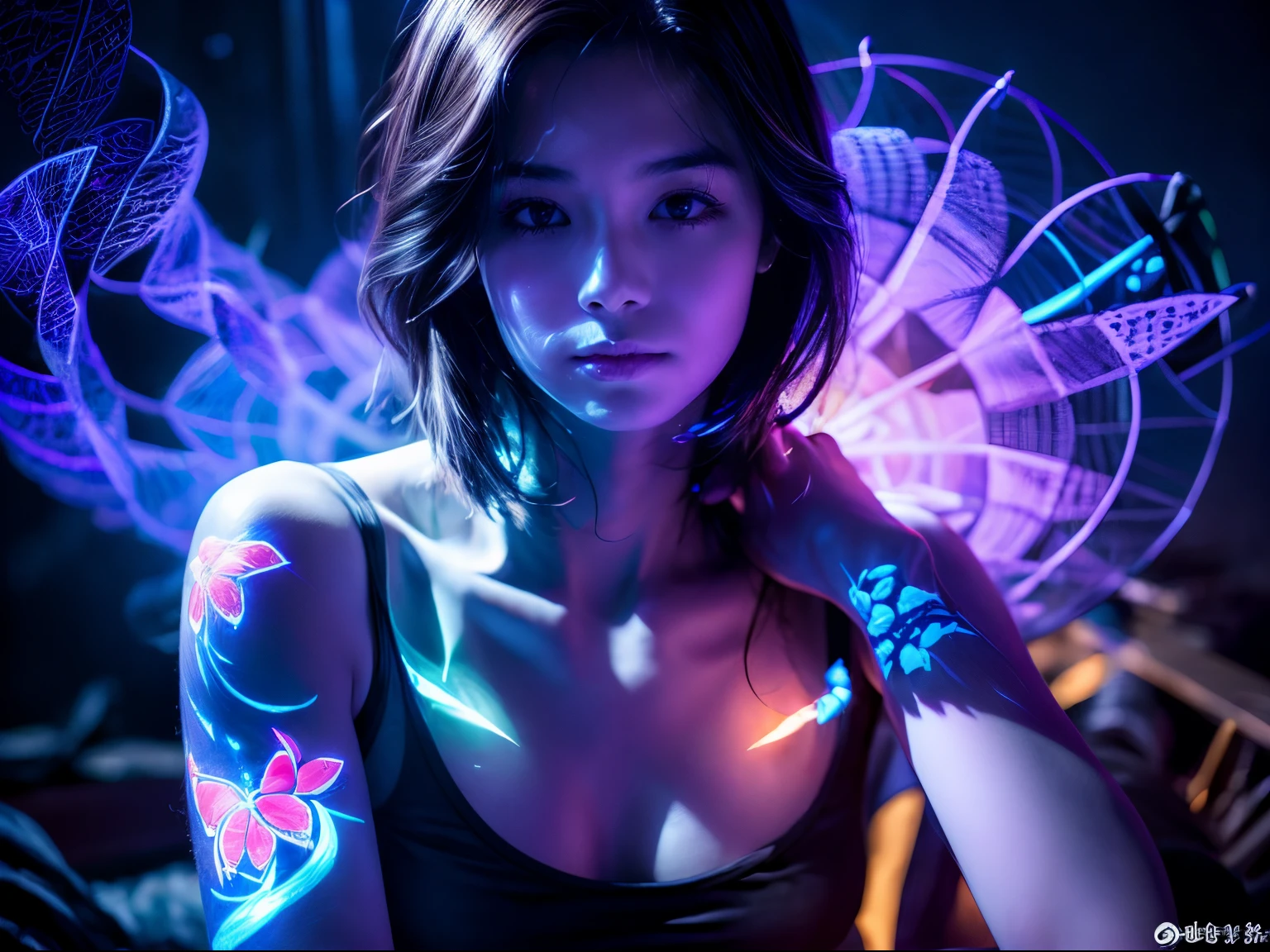 Double Exposure Style,Volumetric Lighting,a girl (Supermodel) with Wrap top,arching her back, beautiful tattoo (neon light), Traditional Attire,Artistic Calligraphy and Ink,light depth,dramatic atmospheric lighting,Volumetric Lighting,double image ghost effect,image combination,double exposure style,