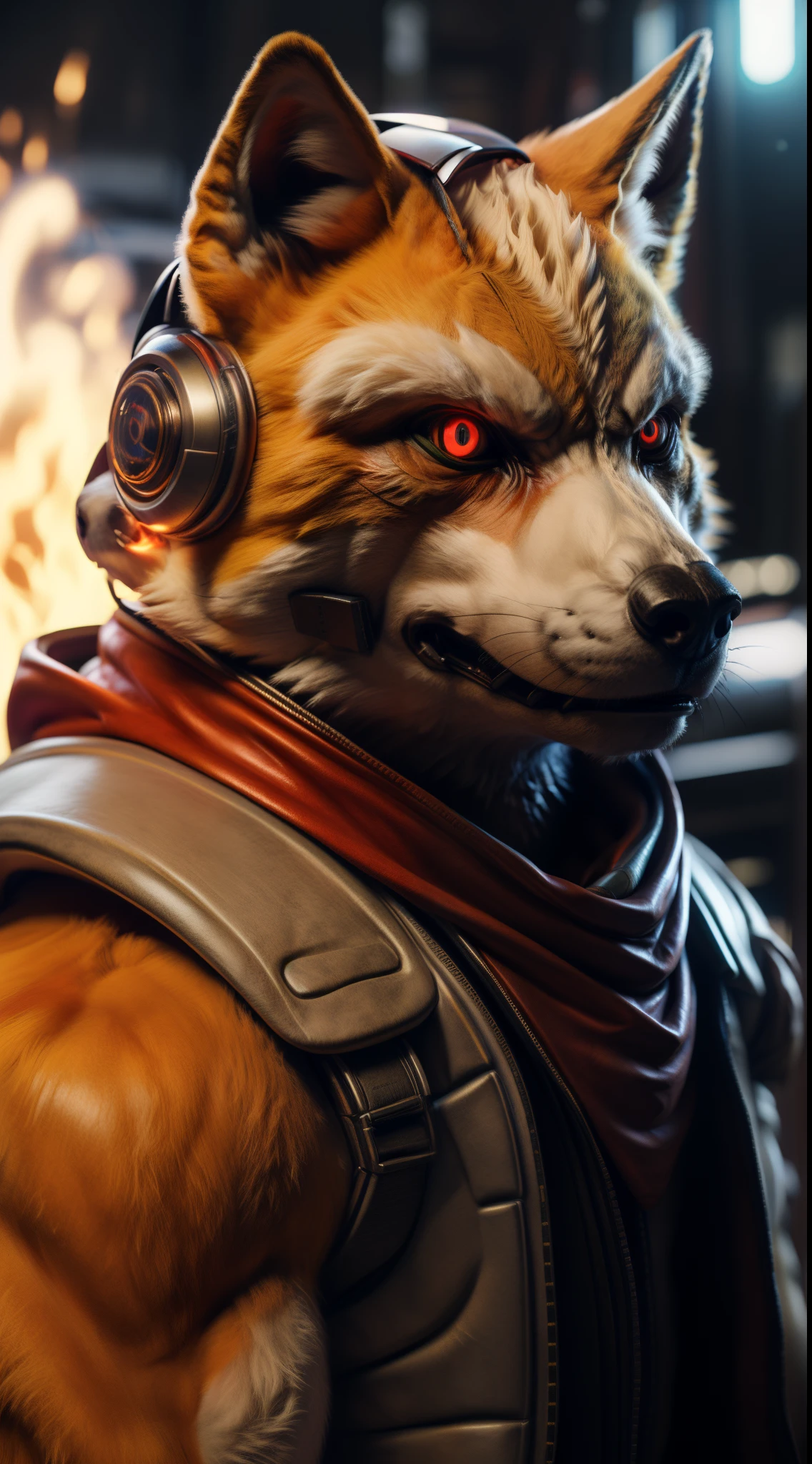 (best quality,16k,32k,highres,masterpiece:1.2),ultra-detailed,(realistic,photorealistic,photo-realistic:1.37),(The ultimate Orochi Fox Mccloud) glowing red eyes realistic fire background of totally destroyed Japan alone looking at the camera serious expression brave and confident wearing a red hood cape