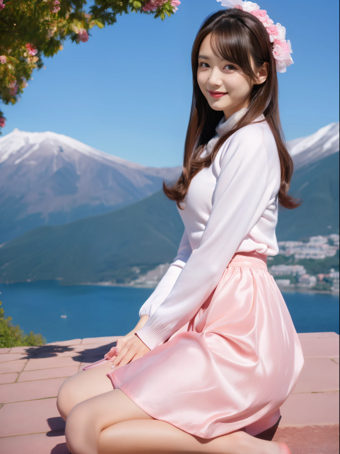 High-quality images,Best Shots，1girl in,  Solo, Full-body high-definition images, Pink jacket and white satin tight skirt,  Long hair,White shirt, Black eyes,   Looking at Viewer, White shirt,  Long sleeves,  a closed mouth, Very long hair, Smile, between legs,  blush, beautiful face and hair, hight resolution,masutepiece, Best Quality,Full body painting，The background is Mt. Zao、There&#39;There&#39;s no snow under my feet，Nice weather　Clear、