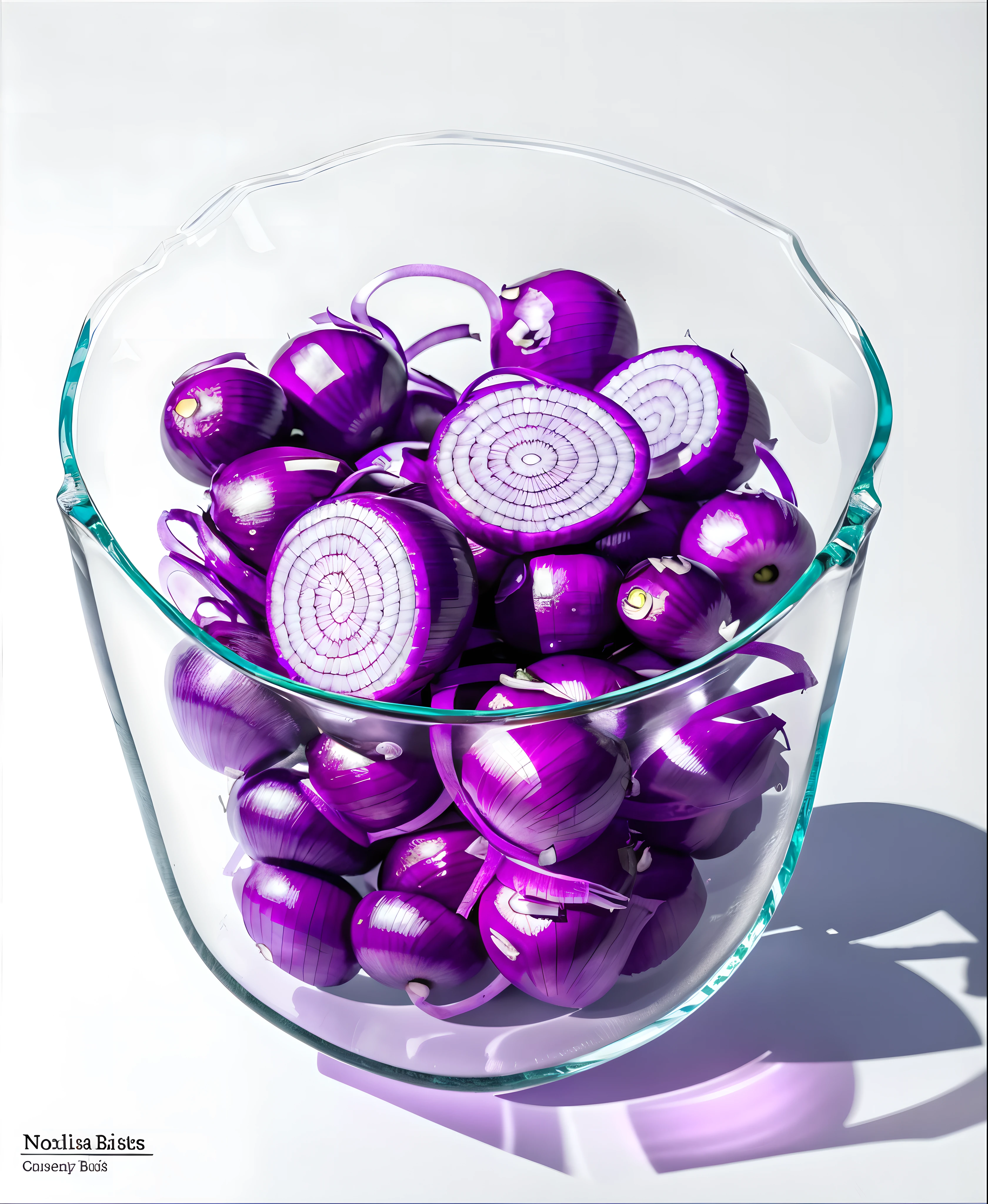 (Best quality at best,8K,tmasterpiece:1.3),without humans,clear glass bowl,There are some chopped purple onions in it, blend, de tarhepodroso, intense detail, on the white background, Clear detail, professional,(hyper realisitc:1.3)
