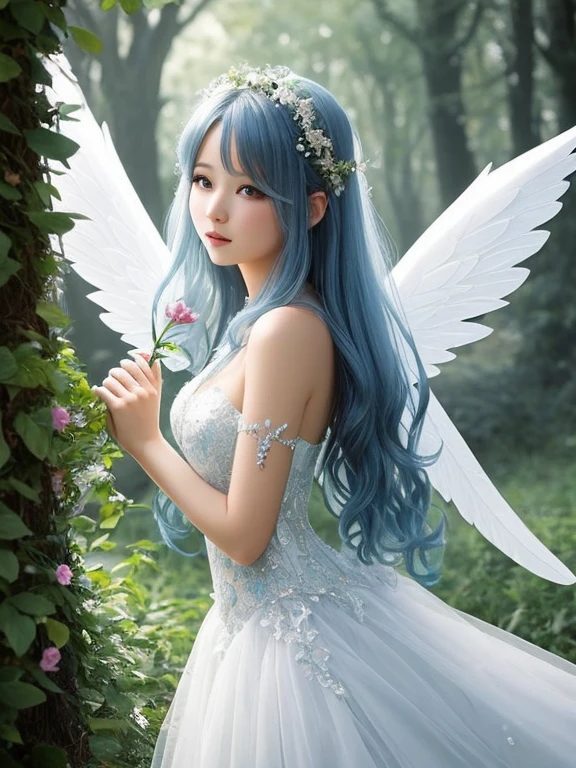 A fairy with an angelic face in a sexy dress in a dreamy fairytale scene
