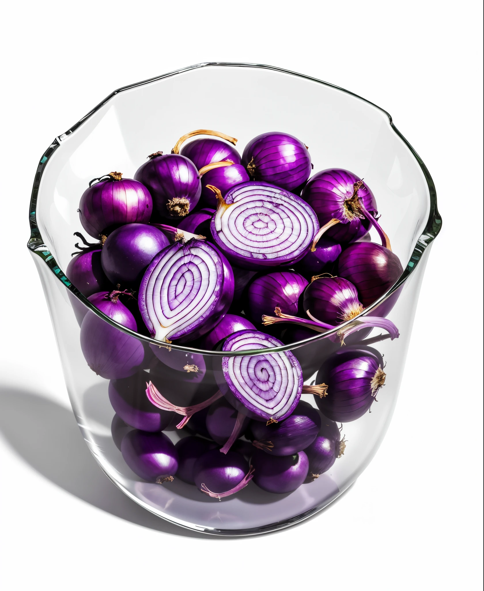 (Best quality,8K,Masterpiece:1.3),NOhumans,clear glass bowl,There are some sliced purple onions in it, blend, detalhe poderoso, intense detail, on the white background, Clear detail, professional,(Hyper-realistic:1.3)