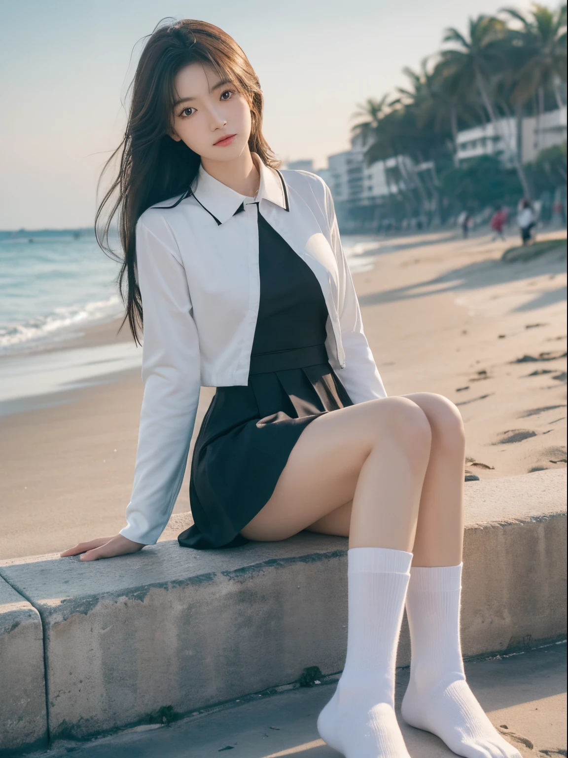 ((tmasterpiece)), ((Best quality)), ((A high resolution)), ((extremely detaild的 CG unified 8k wallpapers)), Alone, Tachibana playing, tan school uniform, Black dress, White  socks, Outdoor sports, the face, cover hair, sea beach, parted hair, silber hair