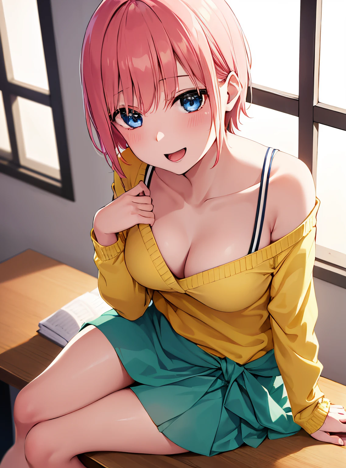 Pov(from above),1girl, alone, Ichika Nakano, short hair, salmon pink hair, blue eyes, smiling, open mouth, embarrassed, seductive, right hand behind neck, white shirt, cleavage, green skirt, yellow sweater, sweater tied around the waist, sitting at a desk in a classroom, sales open, good lighting, seductive anime girl, window, Good lighting, good hands, Good anatomy, bare legs, legs crossed,