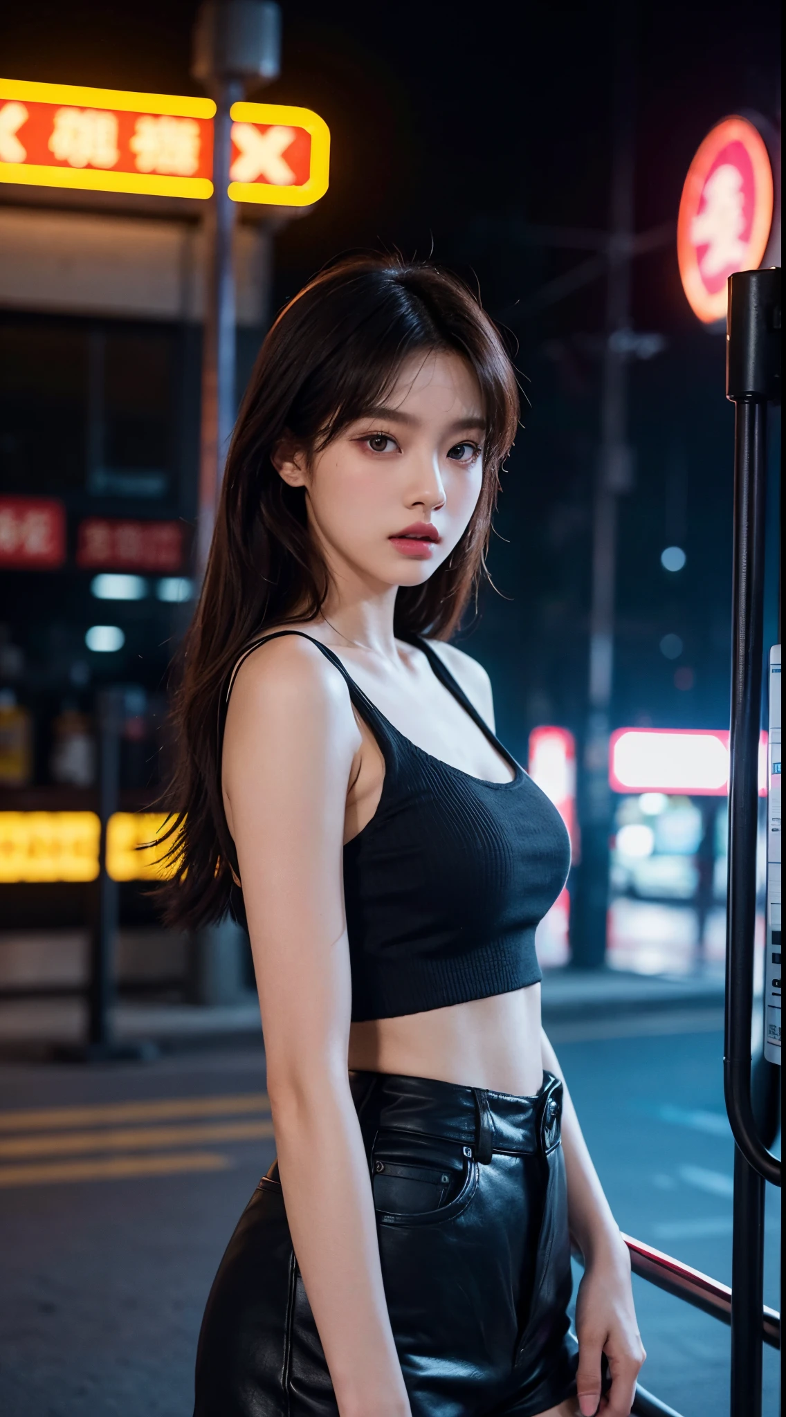 There is a woman standing in front of a neon light, The picture is inspired by Ni Yuanlu, Trend of CGsociety, trending art, Roseanne Park by blackpink, Popular topics on cgstation, gas station trends, josie from blackpink, Keda, Black Pink Josie'portrait of, Nam Jae-yeon, Xision Wu, sun yunjoo