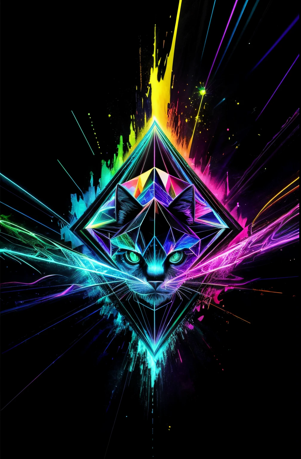 high high quality, The beautiful,tmasterpiece,0mib style,T-shirt design,black cat pictures,Colorful,Prism Shard,Graffiti line,Reflect fractal circles,ink spatter,Melted brushstrokes,particles vortex,dramatic lights,In dazzling ultraviolet rays and pulsating neon colors,solid black background