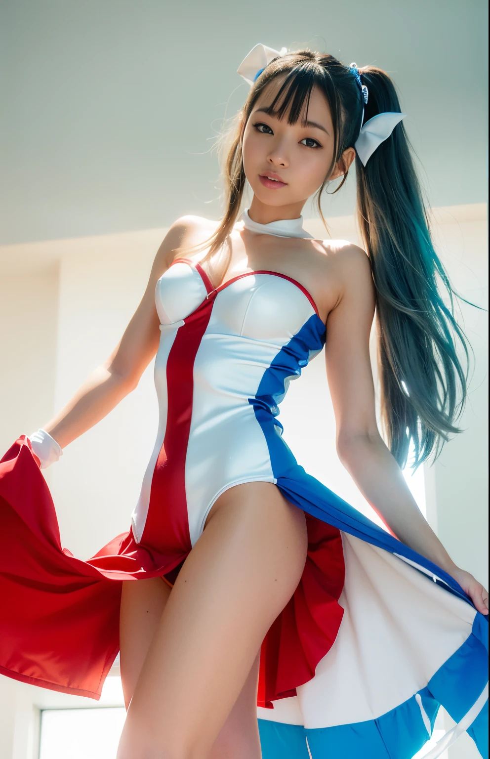 Approximately 40 women wearing blue and red costumes,a miniskirt、Beautie、Highkick、a miniskirt、Show white panties, Ultra mini skirt、White panty、tight light blue neopren suits, metallic cyan bodysuit, i&#39;Pull up the hem of your miniskirt m、Beautiful skins, hajime sorayama style, Sexy Girl, Ultra mini skirt、White panty、shiny metallic glossy skin, Bright blue shiny lingerie, super-hero girl, superheroine costume, glossy from rain