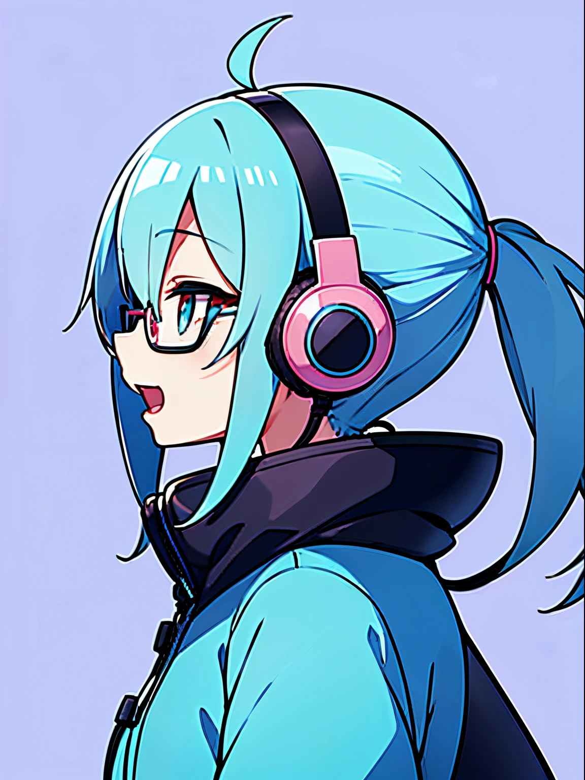 1beautiful girl、From Side、Turn your face to the side、The upper part of the body、profile、Smile with open mouth、(headphones)、Pop、Anime style、she is looking up diagonally、blue hairs、eye glasses、poneyTail、parka、simple background、Bright pink background、