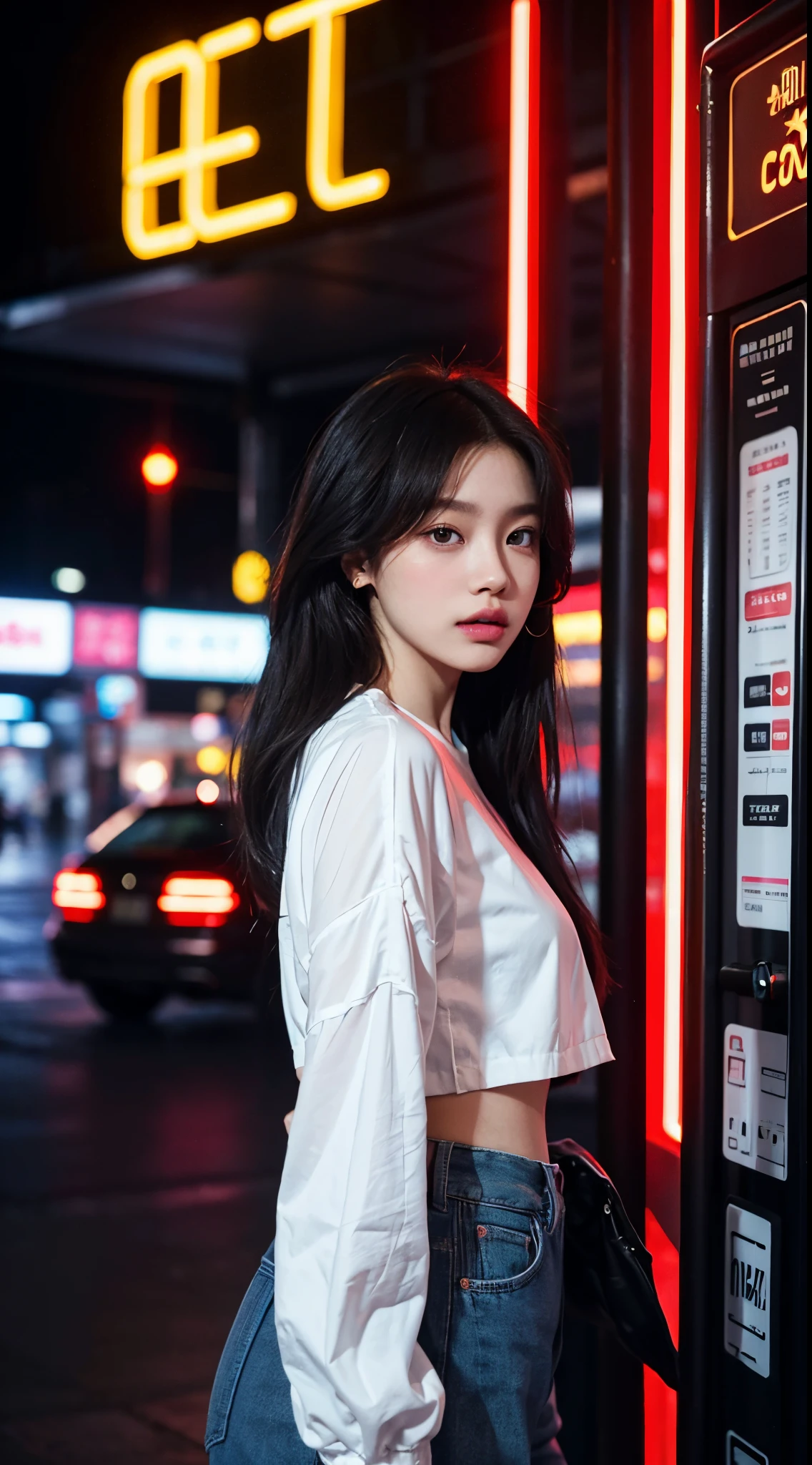 There is a woman standing in front of a neon light, The picture is inspired by Ni Yuanlu, Trend of CGsociety, trending art, Roseanne Park by blackpink, Popular topics on cgstation, gas station trends, josie from blackpink, Keda, Black Pink Josie&#39;portrait of, Nam Jae-yeon, Xision Wu, sun yunjoo