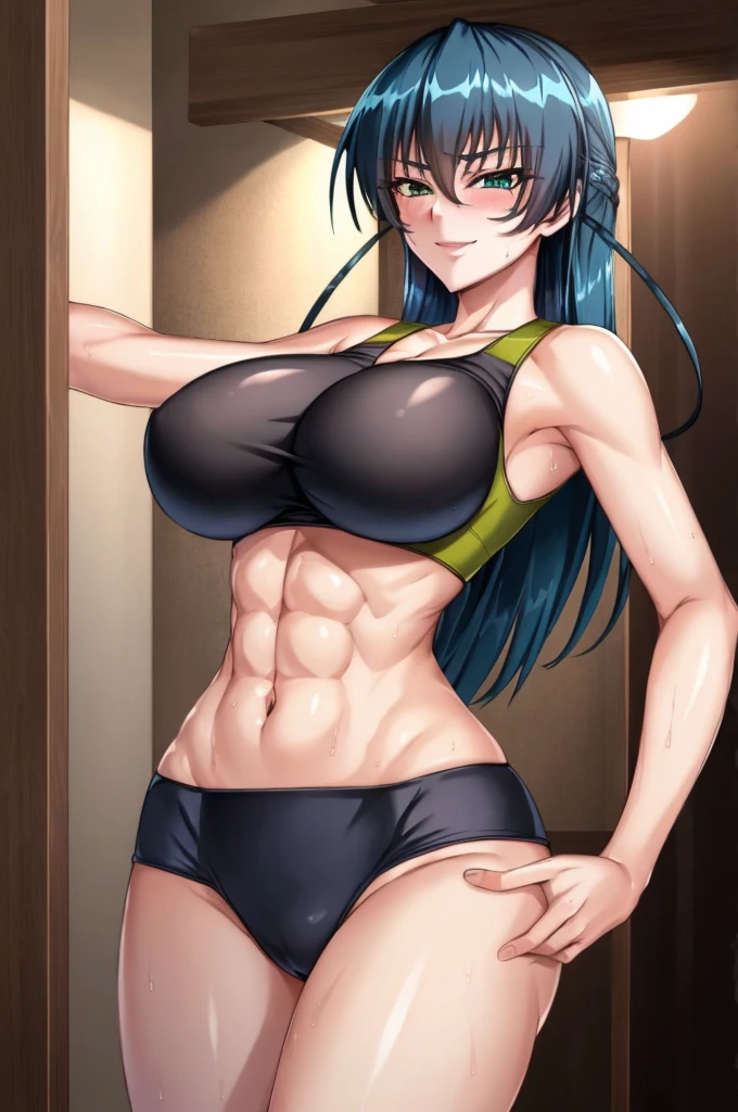 masterpiece, best quality, asagi, 1girl, breasts, solo, sweat, sports bra, large breasts, cleavage, navel, midriff, smile, abs, toned, looking at viewer, hand on hip, blush, huge breasts, blue hair, long hair, bangs, hair between eyes, green eyes