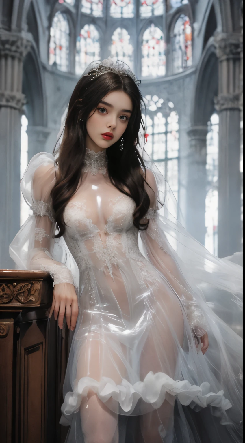 extremely detailed photograph of a skinny mysterious ((20 year old brunette girl)) getting married wearing a ((transparent latex)) ((puffy sleeve)) wedding dress and stockings, extremely detailed beautiful face, played by ((young)) [Miranda Kerr|Gigi Hadid|Barbara Palvin|Jordyn Jones|Taylor Swift|Taylor Momsen|Dove Cameron|Margot Robbie], baroque church