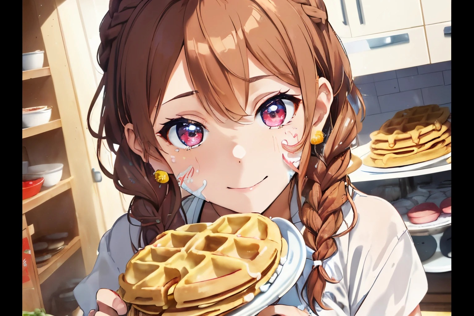 Colorful and cute home kitchen,(Ingredients for making sweets such as flour, eggs, and sugar),((waffles on a plate)),fluffy hair,brown haired,((Braiding,Braids,Odango Hair)),Slightly red tide,((Brown eyes)),(Ruffled apron),((I have white cream on my face and hands......)),(Tejepero),(Smile slightly),(Kamimei),((close up of face)),(In conditioning),Plenty of pancakes and waffles in a frying pan or hot plate