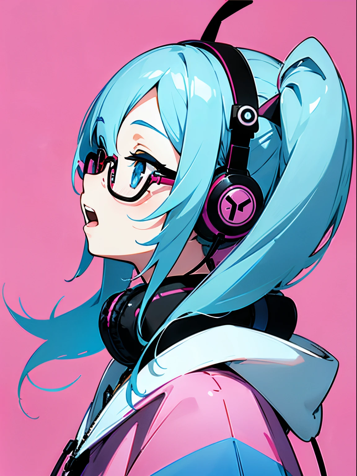 1beautiful girl、From Side、Turn your face to the side、The upper part of the body、profile、Smile with open mouth、(headphones)、Pop、Anime style、she is looking up diagonally、blue hairs、eye glasses、poneyTail、parka、simple background、Bright pink background、
