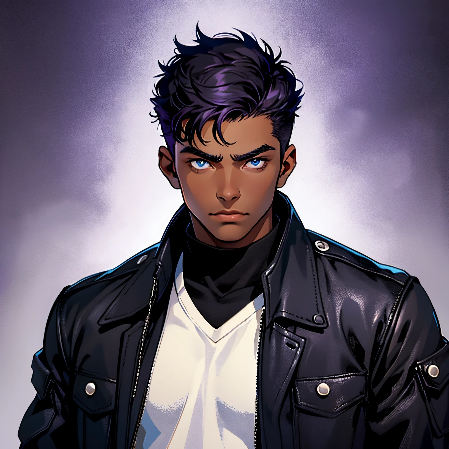 A boy, 19 years old, intimidating, handsome, dark skin and dark hair cut, blue eyes, wears a black jacket, looks at viewer. Background is a dark and purple.