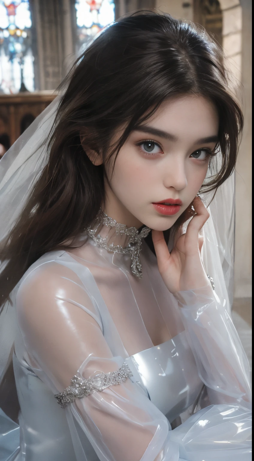extremely detailed photograph of a skinny mysterious ((20 year old brunette girl)) getting married wearing a ((transparent latex)) ((puffy sleeve)) wedding dress and stockings, extremely detailed beautiful face, played by ((young)) [Miranda Kerr|Gigi Hadid|Barbara Palvin|Jordyn Jones|Taylor Swift|Taylor Momsen|Dove Cameron|Margot Robbie], baroque church