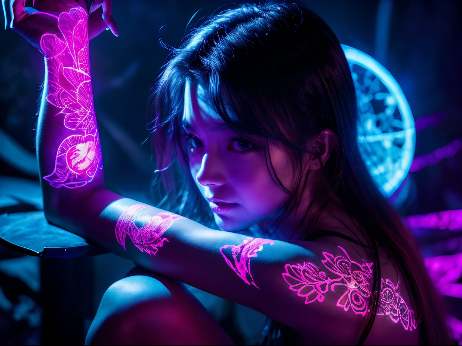 (​masterpiece), (((black light art))), realistic, a girl is sitting, fractal art, black light tattoo of flowers on arm