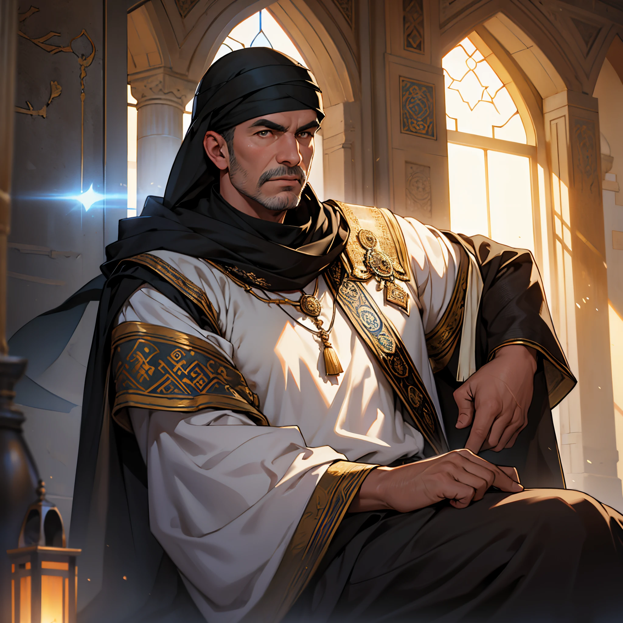 masterpiece, Best Quality, perfect work, 4k, Ottoman Turk large middle aged warrior(1 person), Background with: Background with: Inside the mosque with light coming in,