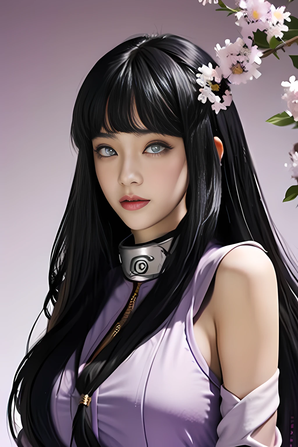 (tmasterpiece)), number art, A high resolution, Hinata Hinata, Long gray hair, Long gray hair, Hinata Hinata, Realistic art, Lilac eyes, One hundred cents&#39;A princess, The content is very detailed, Alone, 1 busty girl, bright floral background, No breast leakage, Naruto, Forehead protector hangs around neck, lilac purple hair,  filmgrain