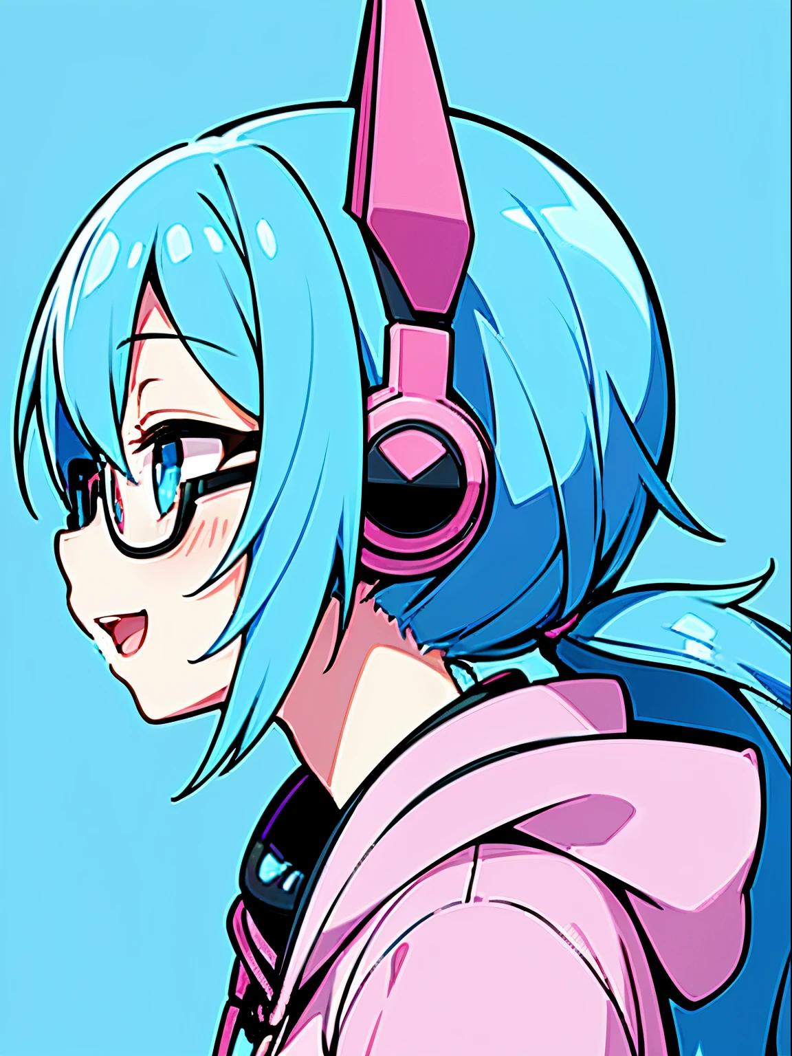 1beautiful girl、From Side、Turn your face to the side、The upper part of the body、profile、Smile with open mouth、(headphones)、Pop、Anime style、she is looking up diagonally、blue hairs、eye glasses、poneyTail、parka、simple background、Bright pink background、