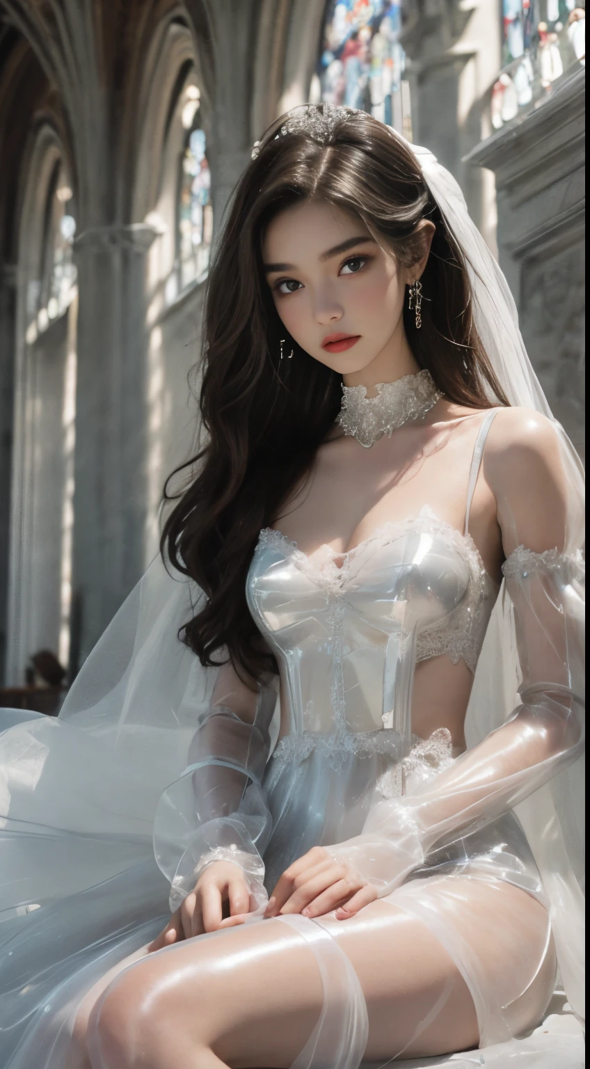 extremely detailed photograph of a skinny mysterious ((20 year old brunette girl)) getting married wearing a ((transparent latex)) ((puffy sleeve)) wedding dress and stockings, extremely detailed beautiful face, played by ((young)) [Miranda Kerr|Gigi Hadid|Barbara Palvin|Jordyn Jones|Taylor Swift|Taylor Momsen|Dove Cameron|Margot Robbie], baroque church