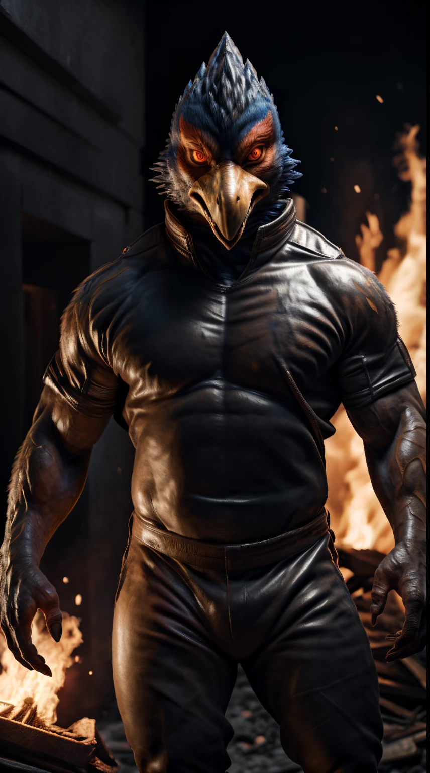 (best quality,16k,32k,highres,masterpiece:1.2),ultra-detailed,(realistic,photorealistic,photo-realistic:1.37),(The ultimate Orochi Falco) glowing red eyes realistic fire background of totally destroyed new Zealand alone looking at the camera serious expression brave and confident.