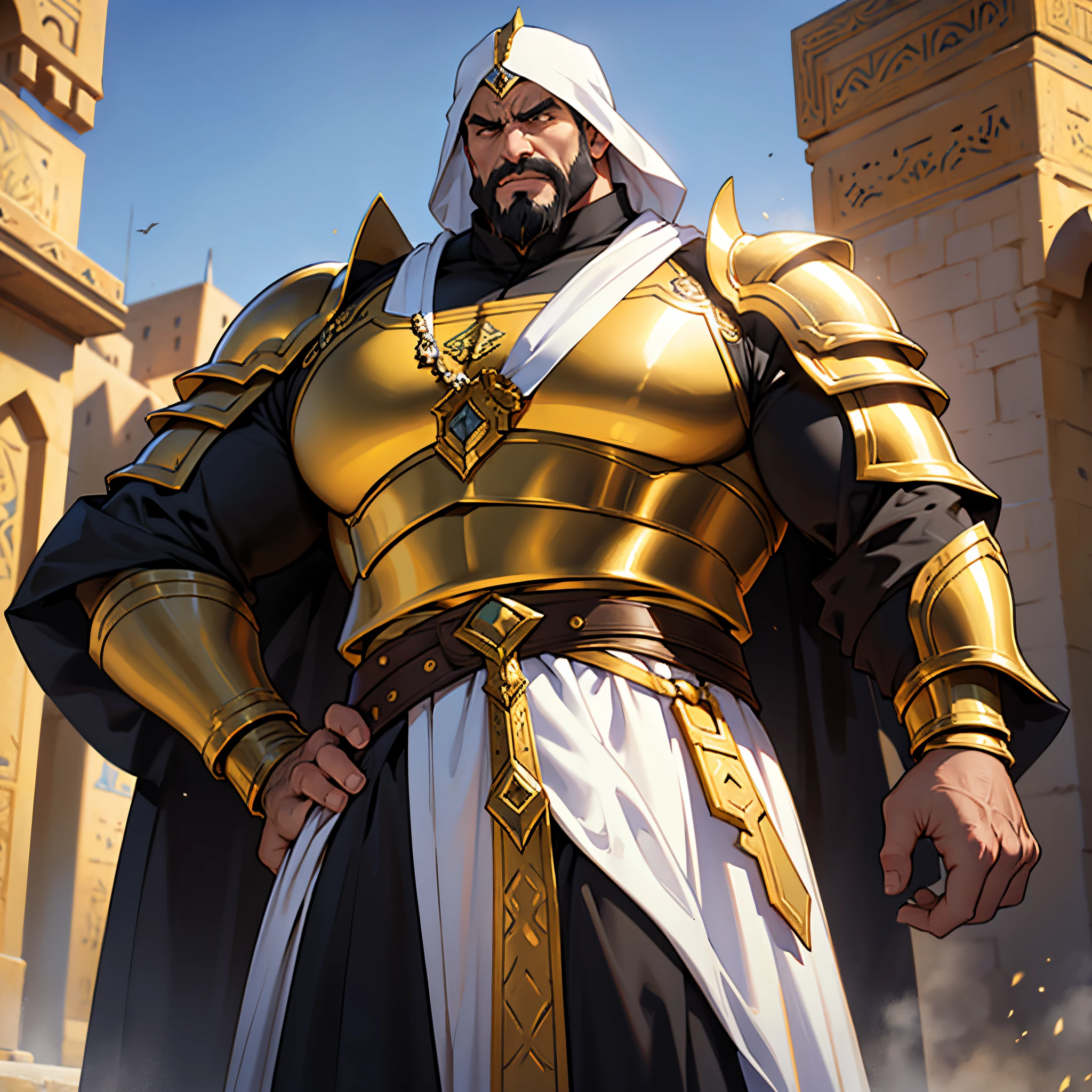 masterpiece, Best Quality, 4k, Warrior wearing Persian full body golden armor in Morocco, covered with white cloth, middle-aged man in black and yellow clothes, angry, Big Guy