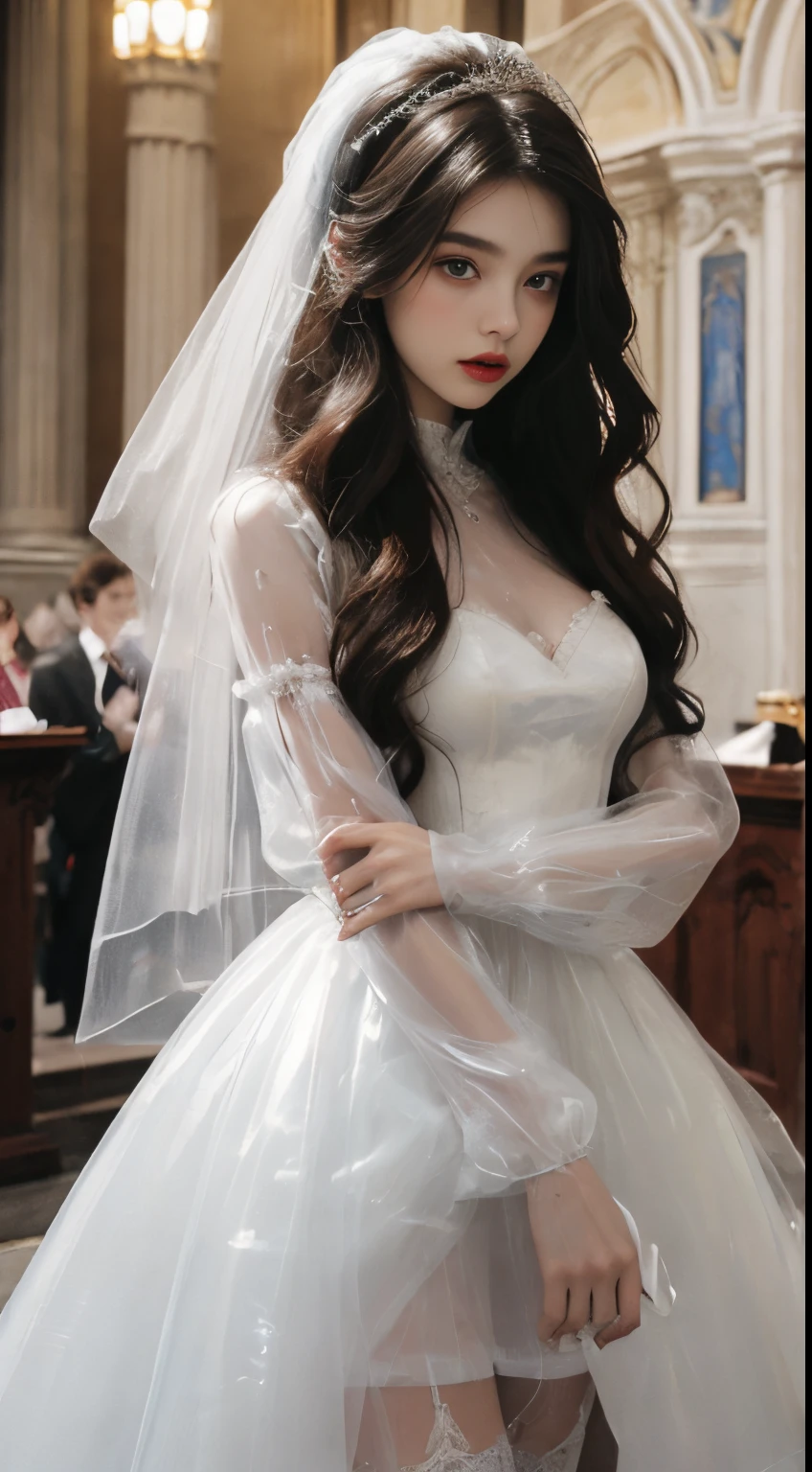 extremely detailed photograph of a skinny mysterious ((20 year old brunette girl)) getting married wearing a ((transparent latex)) ((puffy sleeve)) wedding dress and stockings, extremely detailed beautiful face, played by ((young)) [Miranda Kerr|Gigi Hadid|Barbara Palvin|Jordyn Jones|Taylor Swift|Taylor Momsen|Dove Cameron|Margot Robbie], baroque church