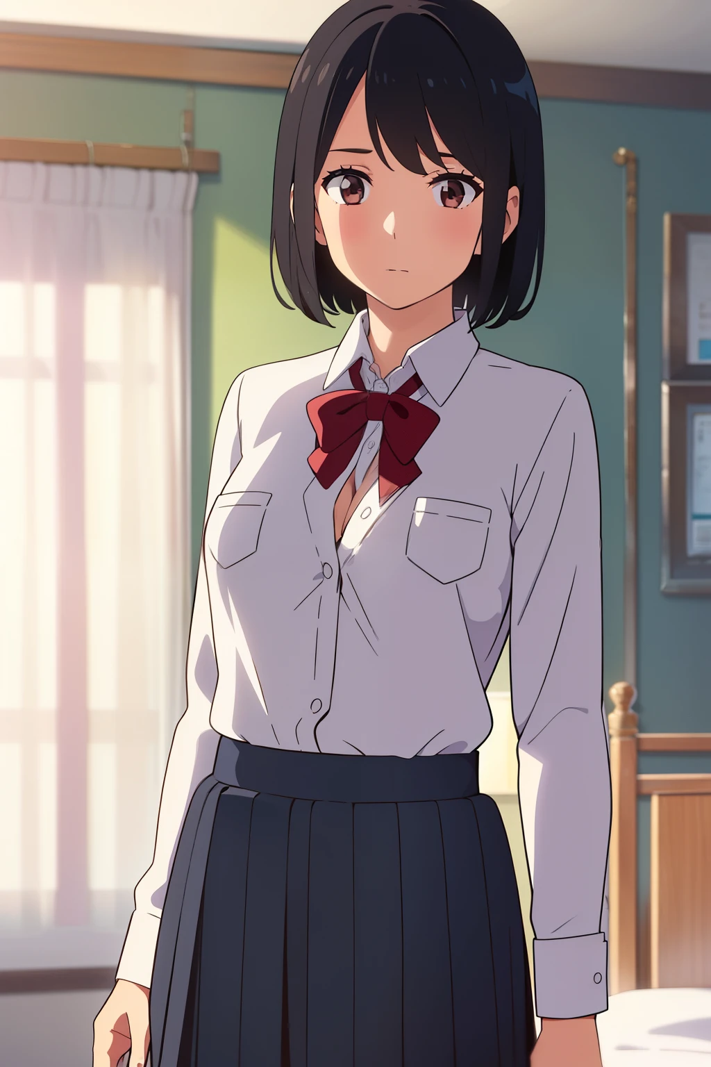 1girl, school uniform, long sleeved white shirt with a pocket and a red ribbon on the collar, medium breast,open shirt, unbuttoned shirt, white bra, medium breast, undressing, shirt tucked down, short hair, black hair, brown eyes, cowboyshot, solo, bedroom, looking at the viewer,