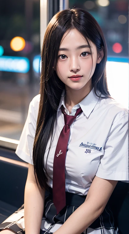 (masutepiece, Best Quality:1.2), 8K, 18year old, 85 mm, Official art, Raw photo, absurderes, White dress shirts, Pretty Face, close up, Upper body, violaceaess, gardeniass, Beautiful Girl, School uniform, (Navy pleated skirt:1.1), Cinch West, thighs thighs thighs thighs, Short sleeve, on train, Sit on a bench seat, Looking at Viewer, No makeup, (Smile:0.4), Film grain, chromatic abberation, Sharp Focus, face lights, clear lighting, Teen, Detailed face, Bokeh background, (dark red necktie:1.1)、Colossal ????