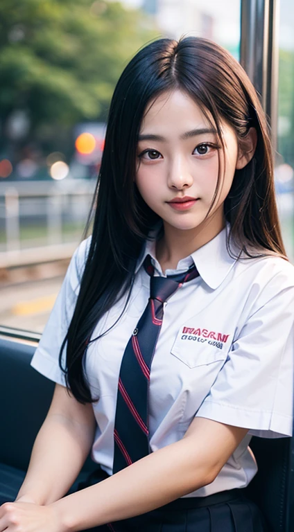 (masutepiece, Best Quality:1.2), 8K, 18year old, 85 mm, Official art, Raw photo, absurderes, White dress shirts, Pretty Face, close up, Upper body, violaceaess, gardeniass, Beautiful Girl, School uniform, (Navy pleated skirt:1.1), Cinch West, thighs thighs thighs thighs, Short sleeve, on train, Sit on a bench seat, Looking at Viewer, No makeup, (Smile:0.4), Film grain, chromatic abberation, Sharp Focus, face lights, clear lighting, Teen, Detailed face, Bokeh background, (dark red necktie:1.1)、Colossal tits