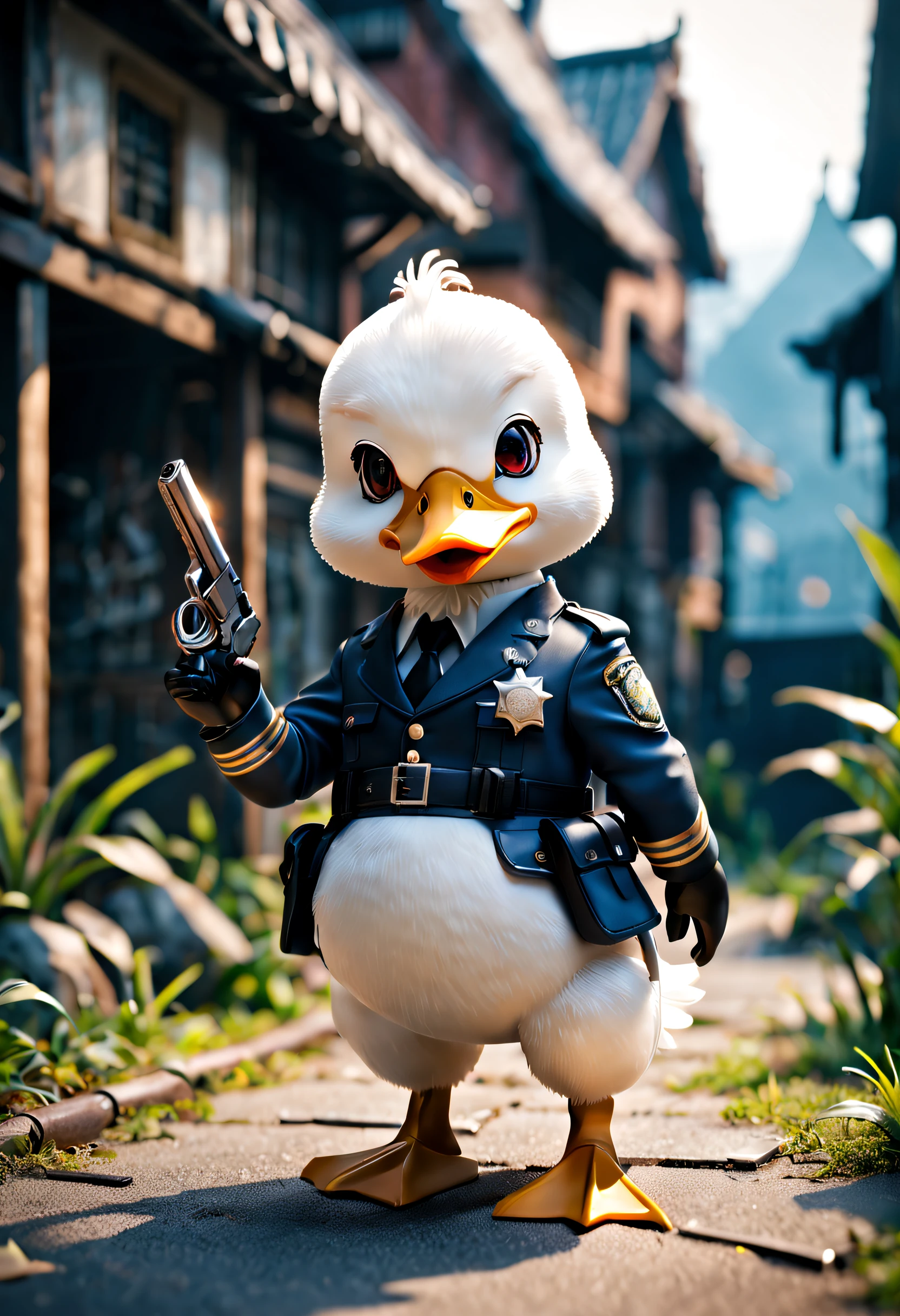 full body Esbian、cool male white duck 、pop male white duck、Deformed animals、diorama、symple background、Overall、holding a revolver in hand、police officers、、masterpiece, Best Quality, Capture super cute moments, depth of fields, ultra-detailliert, Ultra High Resolution, Octadale, 8K, 16 K