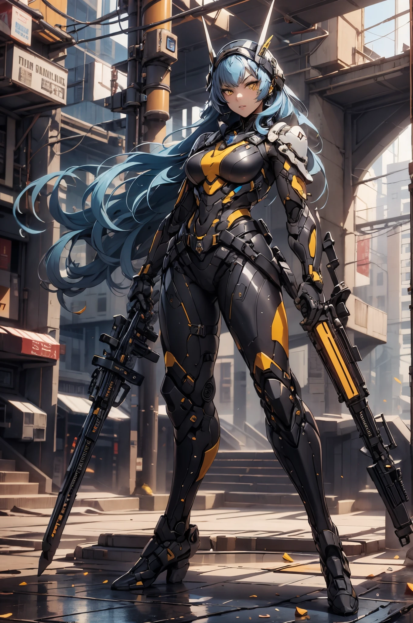 1female, blue hair, yellow eyes, wearing modern combat suit, beautiful, model, 4k, official art, highly detailed, master