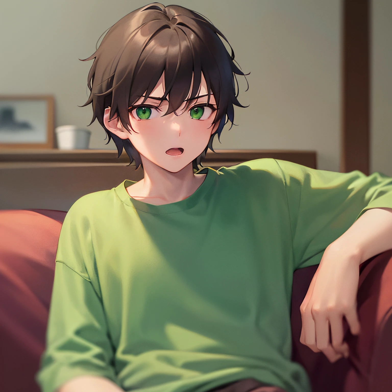 (in the night:1.1), looking to the side, masterpiece、hightquality、18 year old male with short brown hair and green eyes、Wearing a green T-shirt、(Alone:1.5)、open mouth, (determined:1.1), (Only the upper body is shown.:1.3)、The background is the living room wall、sitting on a yellow sofa、Bold composition、
