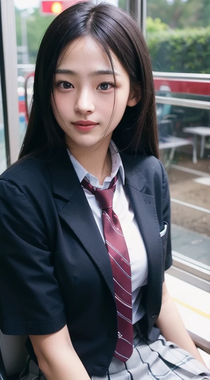 (masutepiece, Best Quality:1.2), 8K, 18year old, 85 mm, Official art, Raw photo, absurderes, White dress shirts, Pretty Face, close up, Upper body, violaceaess, gardeniass, Beautiful Girl, School uniform, (Navy pleated skirt:1.1), Cinch West, thighs thighs thighs thighs, Short sleeve, on train, Sit on a bench seat, Looking at Viewer, No makeup, (Smile:0.4), Film grain, chromatic abberation, Sharp Focus, face lights, clear lighting, Teen, Detailed face, Bokeh background, (dark red necktie:1.1)、Colossal tits