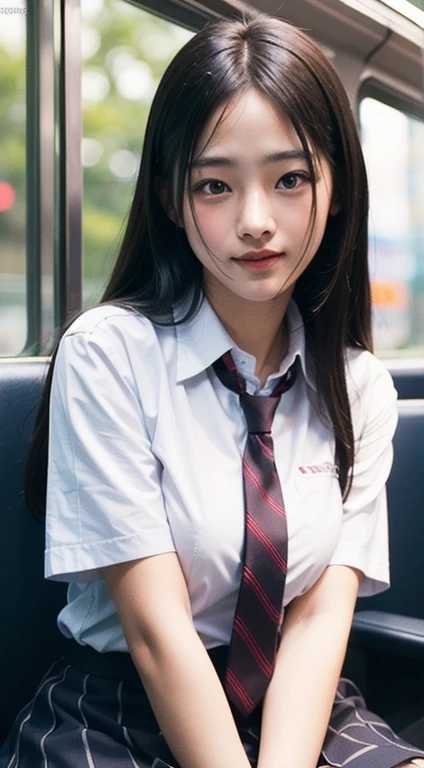 (masutepiece, Best Quality:1.2), 8K, 18year old, 85 mm, Official art, Raw photo, absurderes, White dress shirts, Pretty Face, close up, Upper body, violaceaess, gardeniass, Beautiful Girl, School uniform, (Navy pleated skirt:1.1), Cinch West, thighs thighs thighs thighs, Short sleeve, on train, Sit on a bench seat, Looking at Viewer, No makeup, (Smile:0.4), Film grain, chromatic abberation, Sharp Focus, face lights, clear lighting, Teen, Detailed face, Bokeh background, (dark red necktie:1.1)、Colossal tits