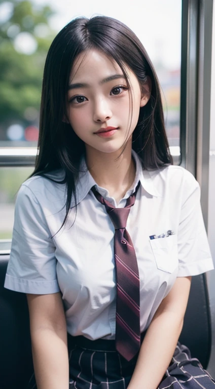 (masutepiece, Best Quality:1.2), 8K, 18year old, 85 mm, Official art, Raw photo, absurderes, White dress shirts, Pretty Face, close up, Upper body, violaceaess, gardeniass, Beautiful Girl, School uniform, (Navy pleated skirt:1.1), Cinch West, thighs thighs thighs thighs, Short sleeve, on train, Sit on a bench seat, Looking at Viewer, No makeup, (Smile:0.4), Film grain, chromatic abberation, Sharp Focus, face lights, clear lighting, Teen, Detailed face, Bokeh background, (dark red necktie:1.1)、Colossal tits