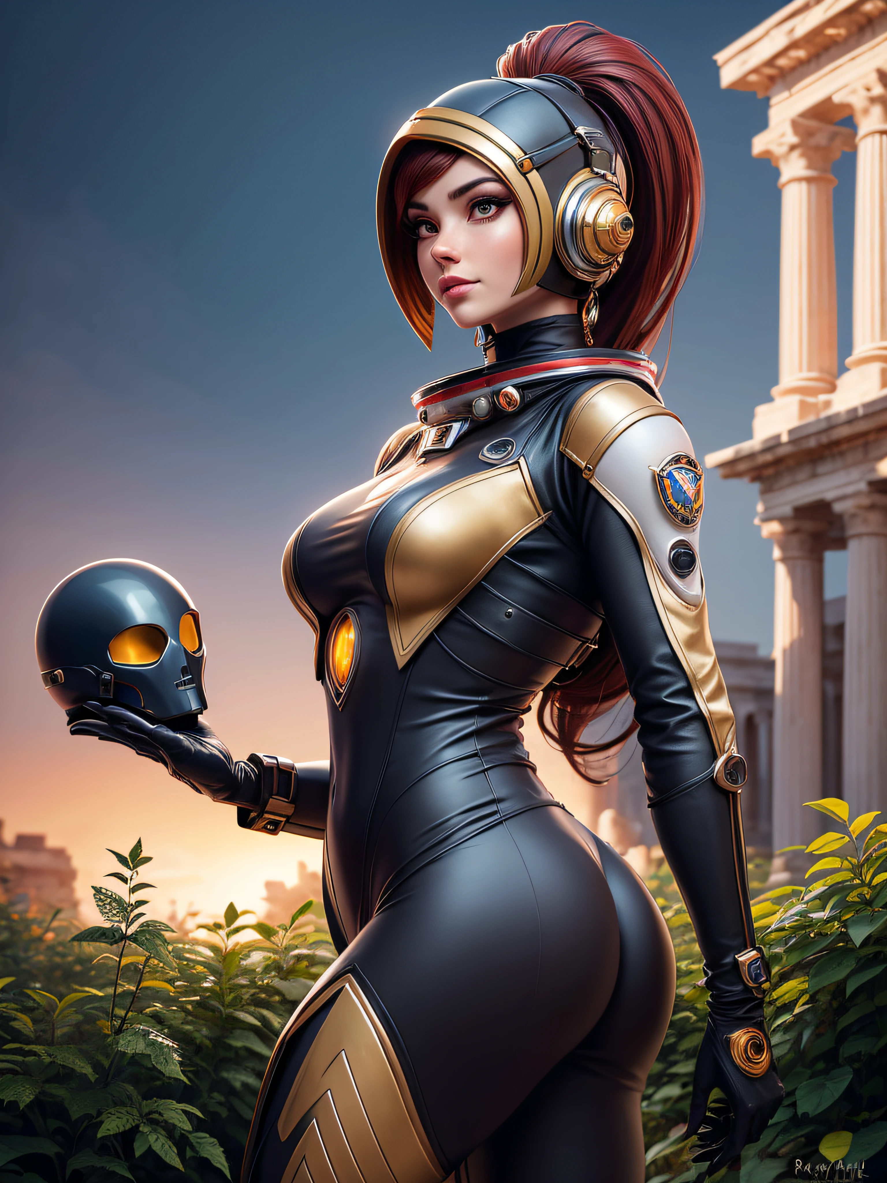 a beautiful woman with a space suit that resembles that of a Alien time traveler from the future. with red/black and gold, a time peace on her chest and a Alien mask in her hand, the back ground of a roman temple and forest plants art by Ray Shark