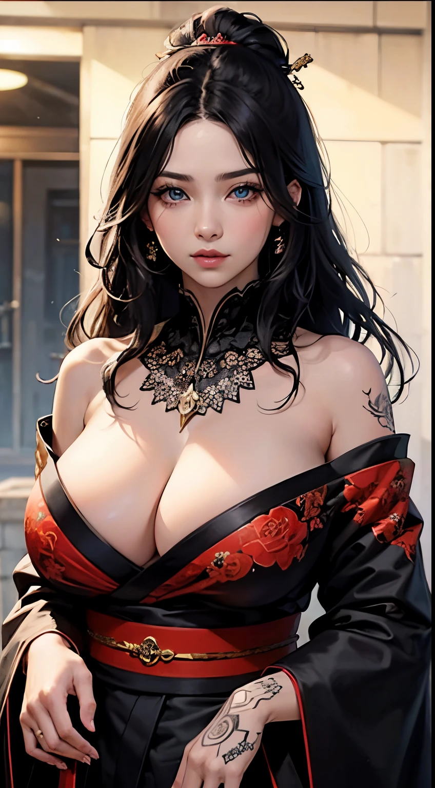 tmasterpiece, top-quality, Best quality at best, offcial art, Beautiful and beautiful:1.2),1 plump girl, tattoo is, Alone, Japanese clothes, Red and black kimono, hair adornments, unsheathed, black hair color hair, sheathed, Dragon Tattoo, eBlue eyes, cropped shoulders, exposed bare shoulders,blooming flower, looking at viewert, fail, cosmetics, External,Colossal tits,Huge cleavage,Lop