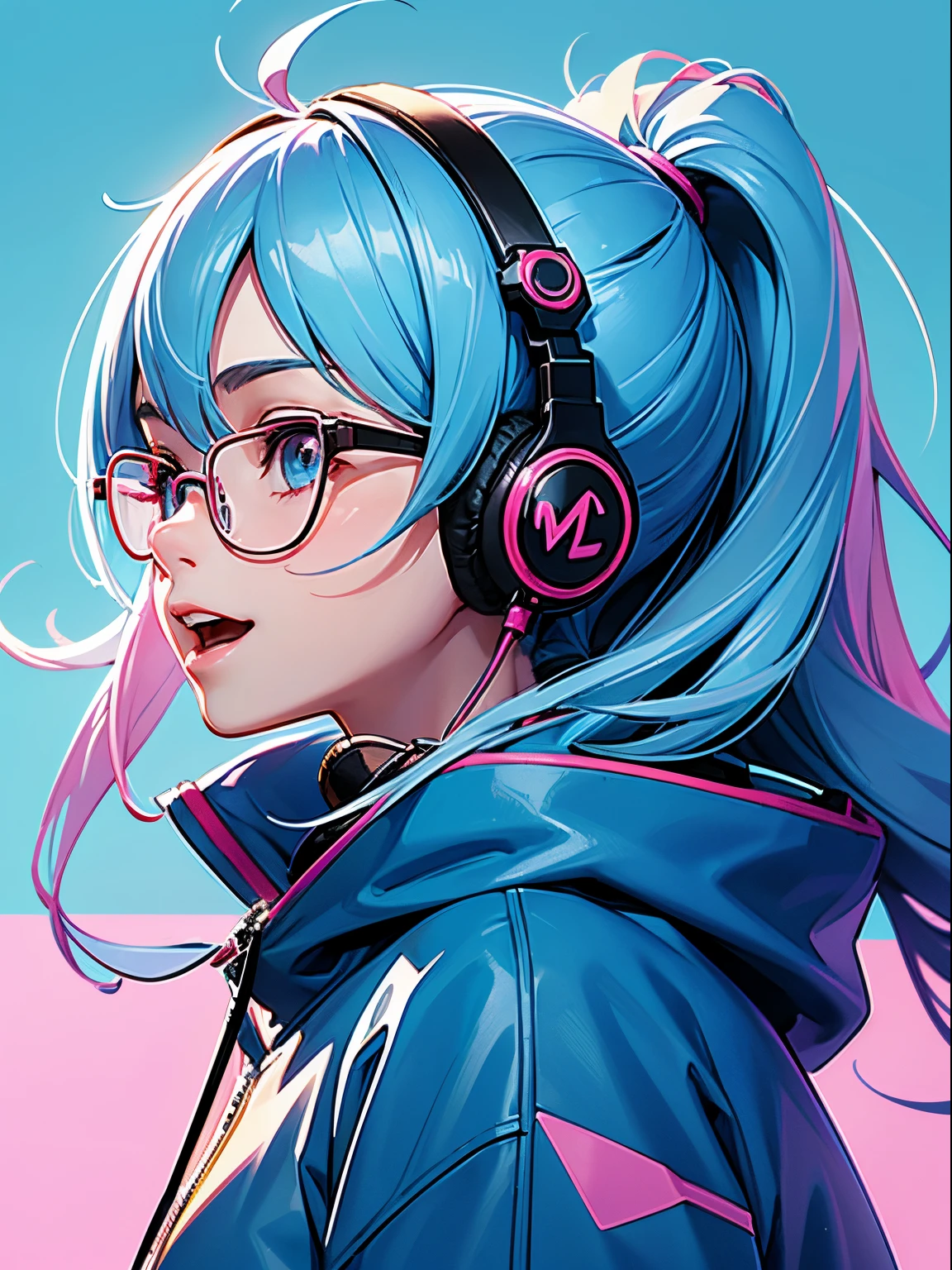 1beautiful girl、From Side、Turn your face to the side、The upper part of the body、profile、Smile with open mouth、(headphones)、Pop、Anime style、she is looking up diagonally、blue hairs、eye glasses、poneyTail、parka、simple background、Bright pink background、