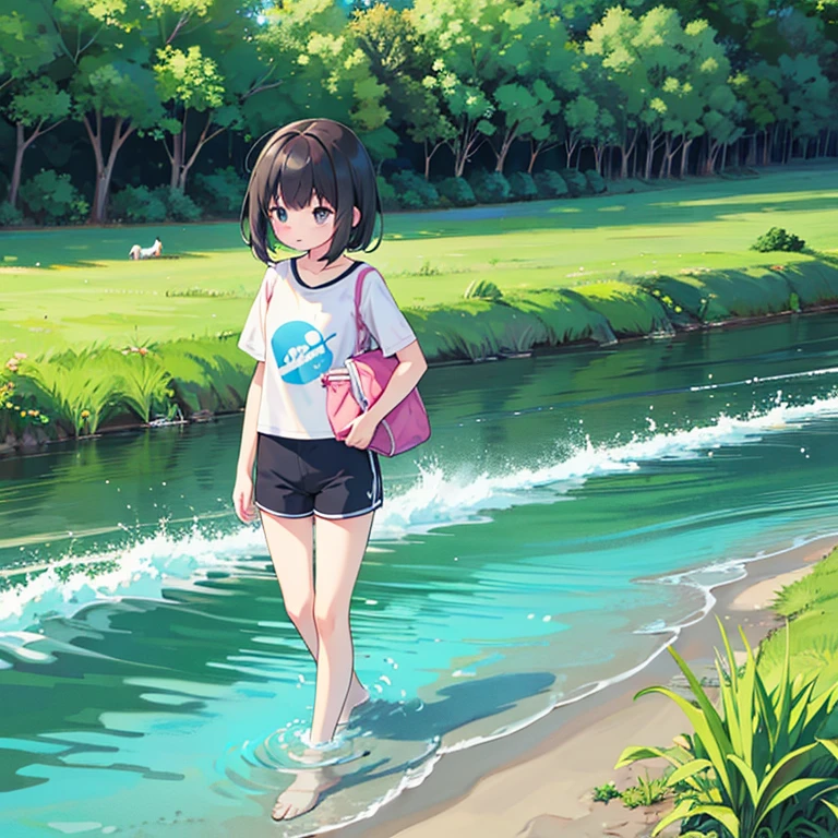 、A dark-haired、White short-sleeved T-shirt、Blue Sports Shorts、thigh、play in a beautiful river、find fish、great outdoors、Walking along the river、soothing、transparent river