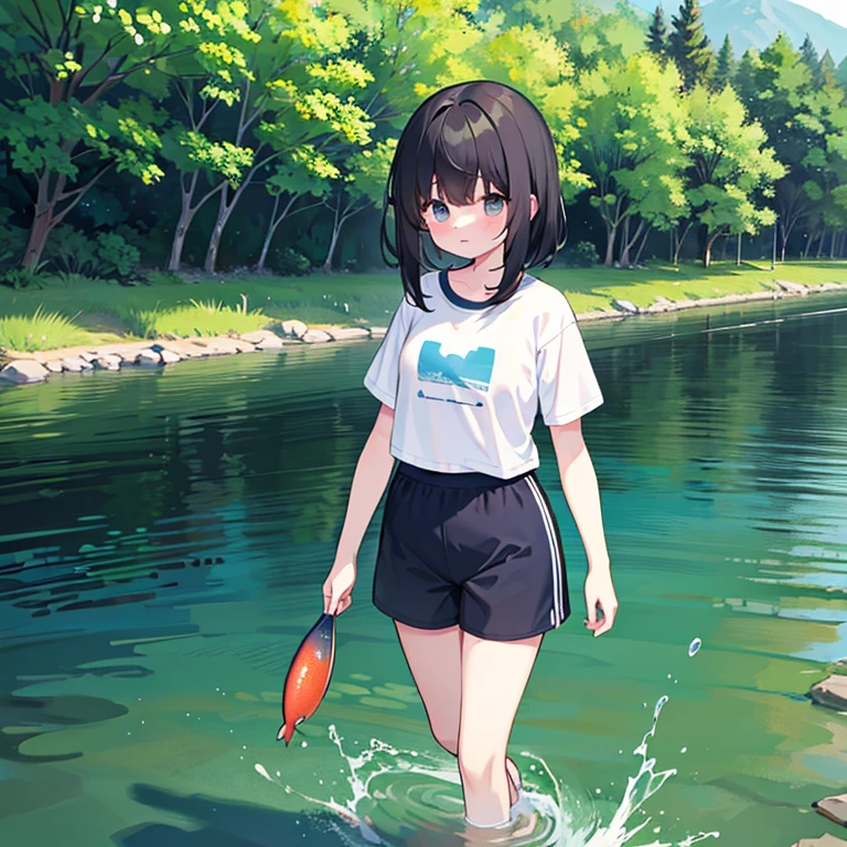 、A dark-haired、White short-sleeved T-shirt、Blue Sports Shorts、thigh、play in a beautiful river、find fish、great outdoors、Walking along the river、soothing、transparent river