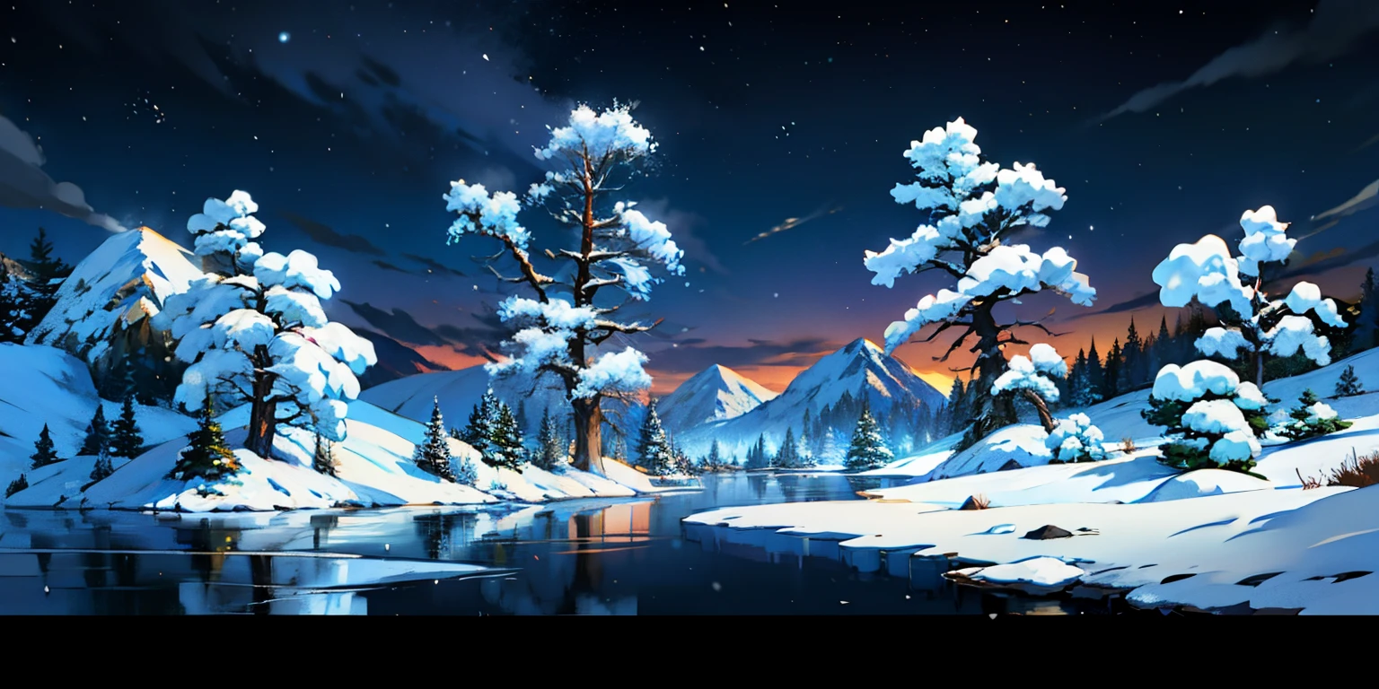winter landscape painting, pine trees, snow storm, It's snowing, ice lake, Evening Light, dark sky.