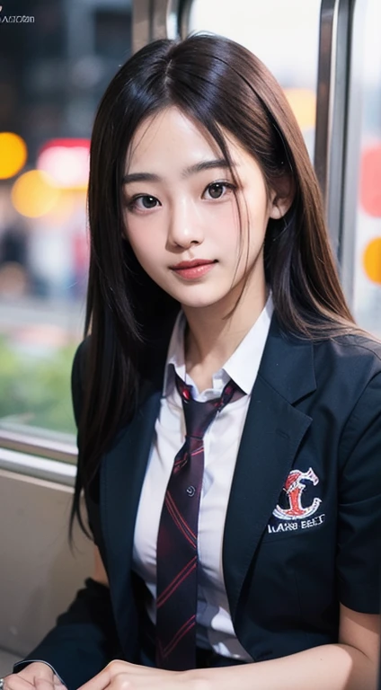(masutepiece, Best Quality:1.2), 8K, 18year old, 85 mm, Official art, Raw photo, absurderes, White dress shirts, Pretty Face, close up, Upper body, violaceaess, gardeniass, Beautiful Girl, School uniform, (Navy pleated skirt:1.1), Cinch West, thighs thighs thighs thighs, Short sleeve, on train, Sit on a bench seat, Looking at Viewer, No makeup, (Smile:0.7), Film grain, chromatic abberation, Sharp Focus, face lights, clear lighting, , Detailed face, Bokeh background, (dark red necktie:1.1)、Colossal tits