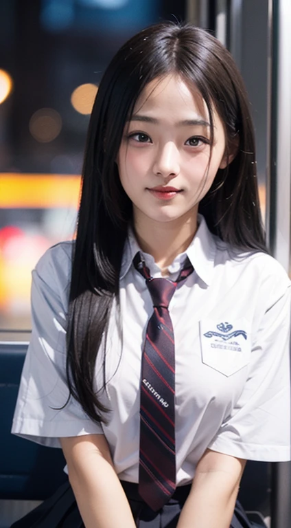 (masutepiece, Best Quality:1.2), 8K, 18year old, 85 mm, Official art, Raw photo, absurderes, White dress shirts, Pretty Face, close up, Upper body, violaceaess, gardeniass, Beautiful Girl, School uniform, (Navy pleated skirt:1.1), Cinch West, thighs thighs thighs thighs, Short sleeve, on train, Sit on a bench seat, Looking at Viewer, No makeup, (Smile:0.7), Film grain, chromatic abberation, Sharp Focus, face lights, clear lighting, Teen, Detailed face, Bokeh background, (dark red necktie:1.1)、Colossal tits