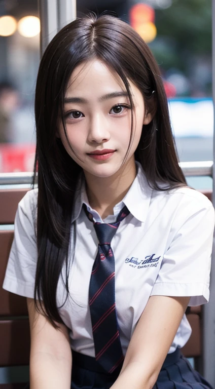 (masutepiece, Best Quality:1.2), 8K, 18year old, 85 mm, Official art, Raw photo, absurderes, White dress shirts, Pretty Face, close up, Upper body, violaceaess, gardeniass, Beautiful Girl, School uniform, (Navy pleated skirt:1.1), Cinch West, thighs thighs thighs thighs, Short sleeve, on train, Sit on a bench seat, Looking at Viewer, No makeup, (Smile:0.7), Film grain, chromatic abberation, Sharp Focus, face lights, clear lighting, Teen, Detailed face, Bokeh background, (dark red necktie:1.1)、Colossal tits