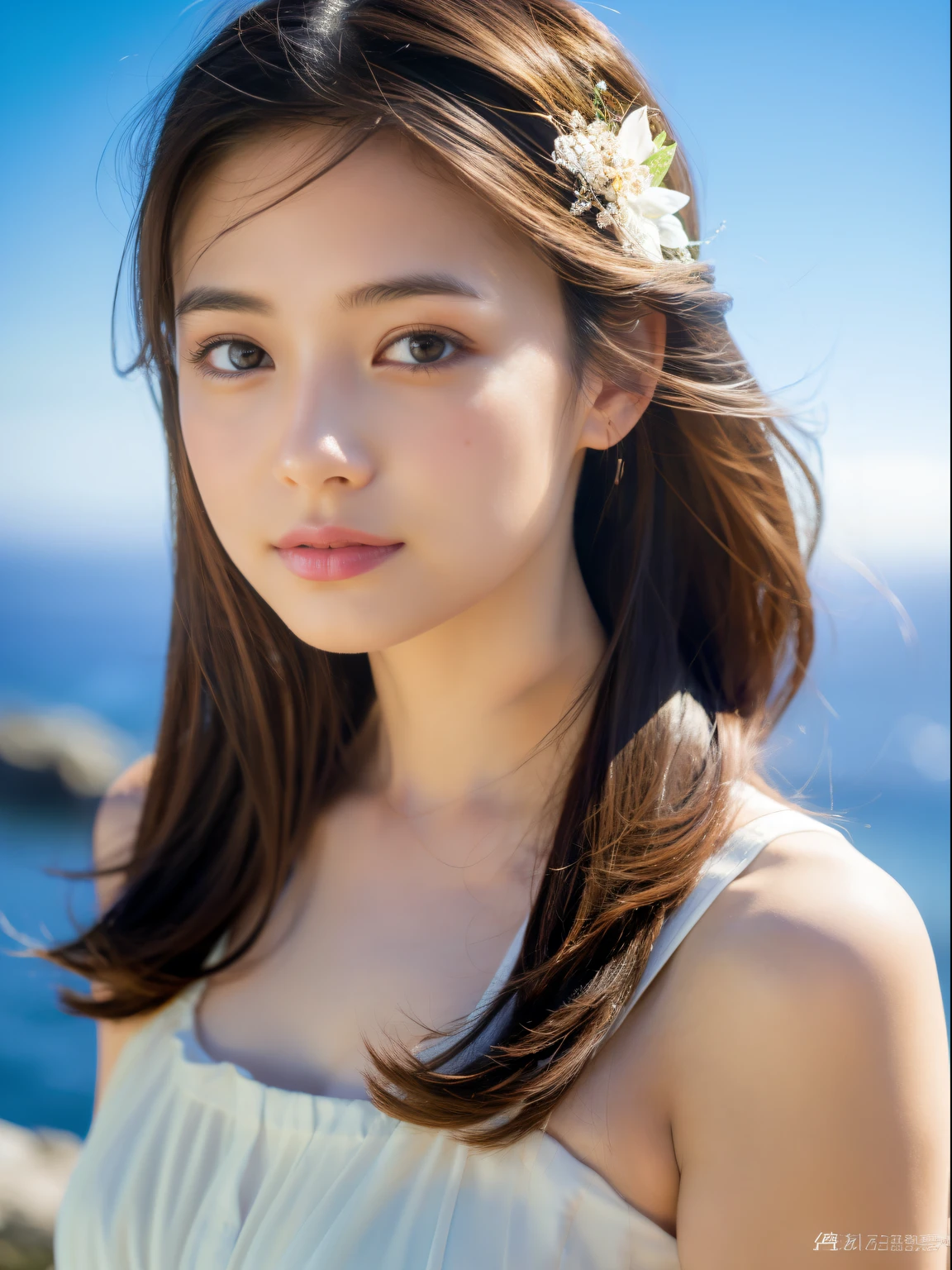 Best Quality, masutepiece, High resolution,girl shining in the morning sun, White Satin Dress, Hair Accessories, Jewelry, Pretty Face, Tindall Effect, Realistic, Sea view hill、dual-tone lighting, (High Detail Skins: 1.2), 8K UHD, Digital SLR, Soft light, High quality, Volume Light, Sneak Shots, Photo, High resolution, 4K, 8K, The sea looks beautiful、